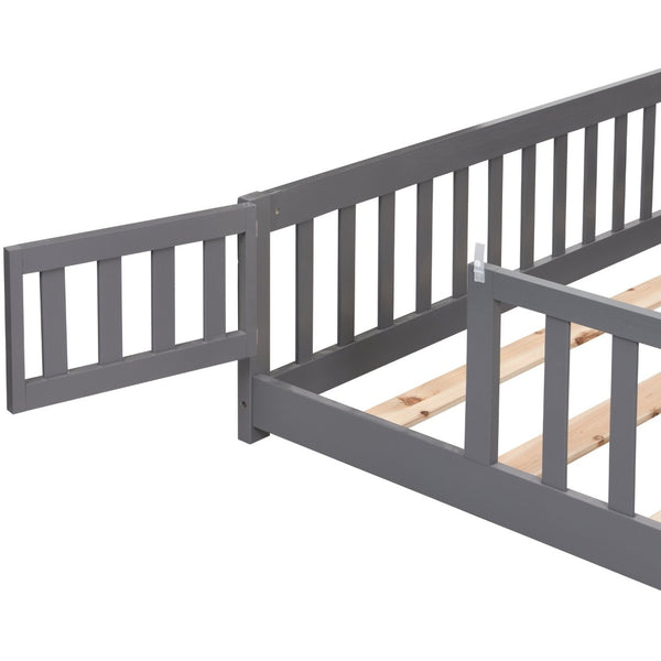 English Elm Twin Pine Wood Floor Bed with Safety Guardrails and Door for Kids Bedroom Gray W495123242