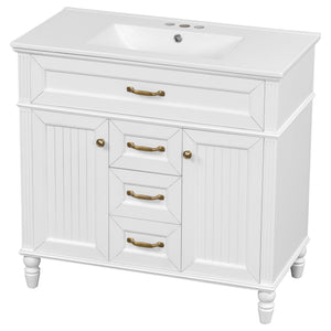 English Elm 36 Inch Bathroom Vanity with Ceramic Sink, Durable MDF & Solid Wood Frame, Soft-Close Doors, Luxe Handles, Ample Organized Storage, Modern Freestanding Design White N725P314034K