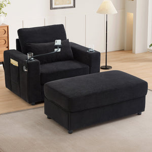 English Elm Modern Multifunctional Armchair with Chaise Lounge, Hidden Ottoman Storage, USB Ports & Cup Holders Black N719P292700B