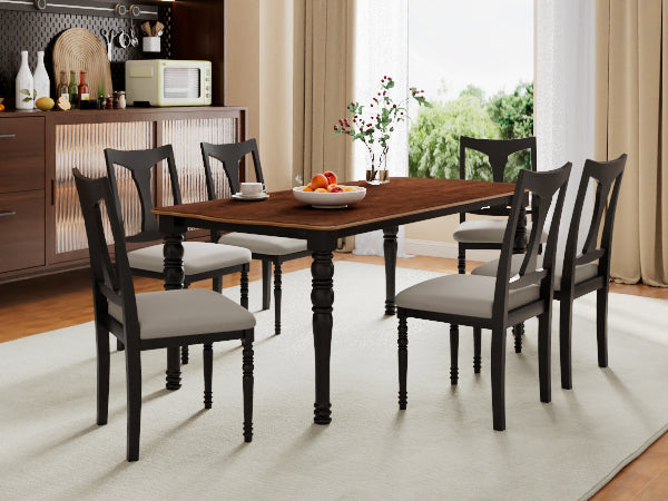 English Elm 7-Piece Extendable Dining Set with Removable Leaf and 6 Upholstered Chairs, Solid Rubberwood Legs, Seats 6 Black+Brown N752S000030B