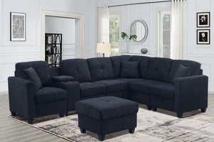 English Elm Sectional Velvet Sofa In Dark Blue - Luxurious, Durable Comfort With Cup Holders For Modern Living Spaces B205S00079-GIGA