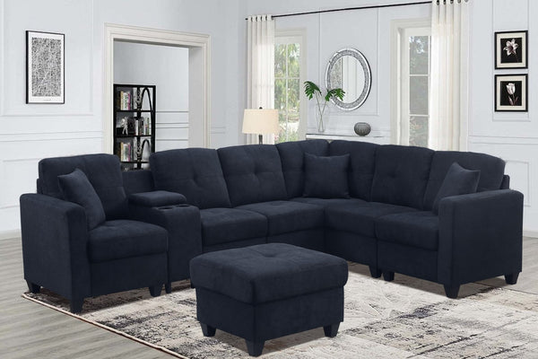 English Elm Sectional Velvet Sofa In Dark Blue - Luxurious, Durable Comfort With Cup Holders For Modern Living Spaces B205S00079-GIGA