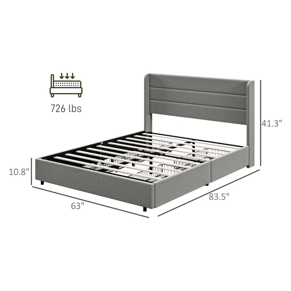 English Elm HOMCOM LED Platform Queen Bed Frame with USB-C Charging Station, 3-Tier Shelf, Noise-Free Support Light Gray W2225P249914