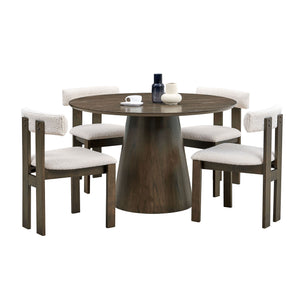 English Elm (1 Table With 4 Chairs)Wooden Dining Table Set, Modern Round Mdf Kitchen Table and Boucle Upholstered Dining Chairs For Dining Room, Kitchen, Saving Space,Walnut