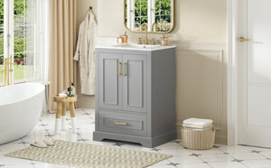 English Elm 24"bathroom Vanity Freestanding Gray Mdf Ceramic Sink Soft Close Storage Cabinet N729P321378E