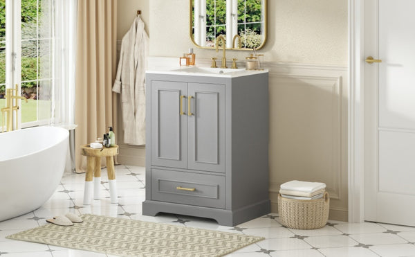 English Elm 24"bathroom Vanity Freestanding Gray Mdf Ceramic Sink Soft Close Storage Cabinet N729P321378E