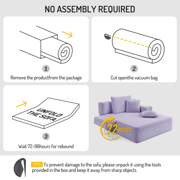 English Elm Luxurious Corduroy Frameless Chaise Sofa Bed with Spring Cushion and Storage Pocket Purple W3219P496264