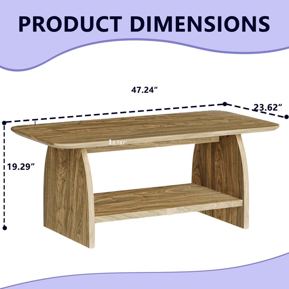 English Elm 47 inch modern coffee table with double-layer storage, rounded corners, MDF wood finish, sturdy stylish centerpiece W1727P356434