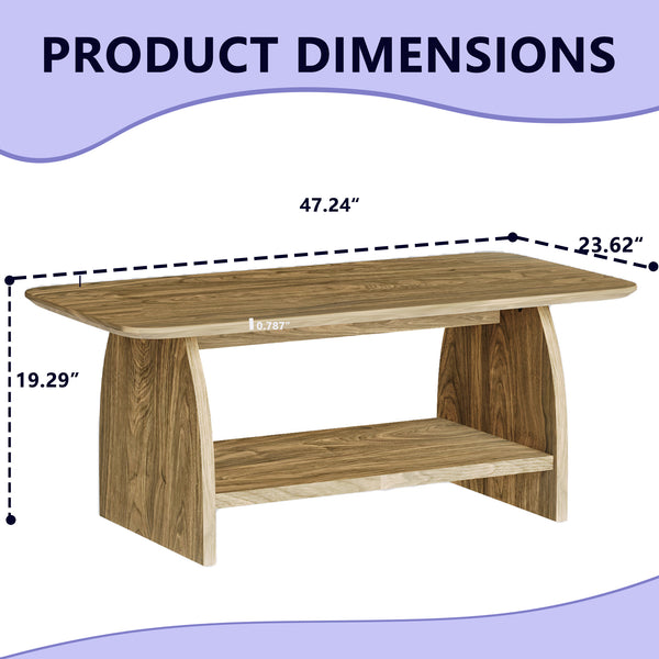 English Elm 47 inch modern coffee table with double-layer storage, rounded corners, MDF wood finish, sturdy stylish centerpiece W1727P356434