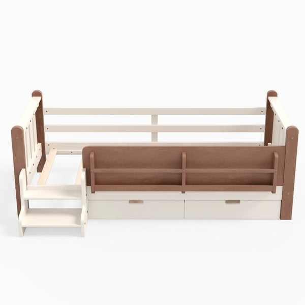 English Elm Twin Pine Floor Bed with Guardrails Built-in Bookcases and Stair Steps for Kids Beige W1580P430199