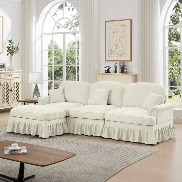 English Elm Mid Century three-seater modular L-shaped sectional sofa with removable ruffle skirts, chenille comfort and spindle legs — versatile, elegant seating solution Beige+White W3041S00234