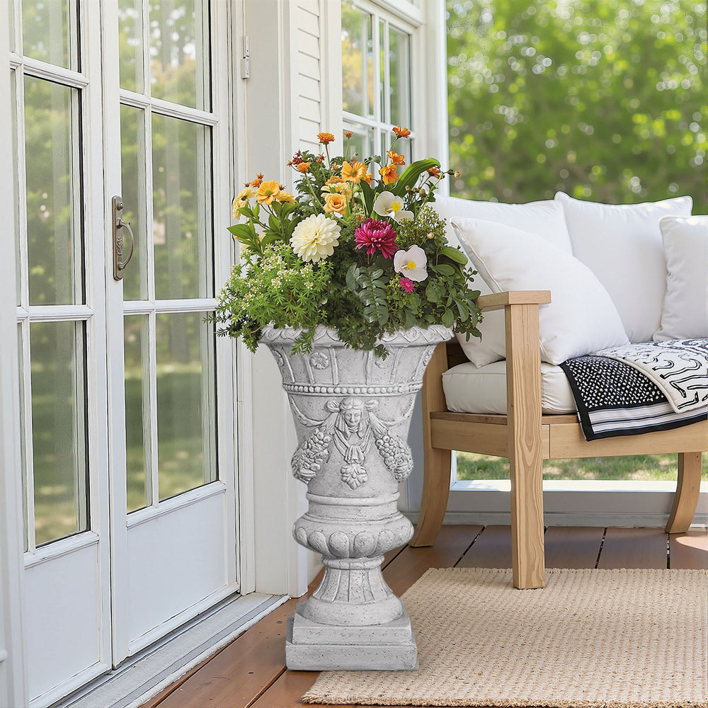 English Elm Christopher Knight Home® - MGO Hand-Painted Light Grey Garden Urn 23.75" H with Drainage Hole & Stopper, Weather-Ready Decor N772P285043G