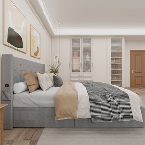 English Elm Queen Upholstered Storage Bed with Hydraulic Lift, Wingback Headboard, USB Ports & Deep Stash Light Gray W1960S00005