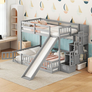 English Elm Twin Over Full Bunk Bed With Slide, Storage Staircase & Safety Guardrails - Grey Pine Design Fun! W504S00184-GIGA