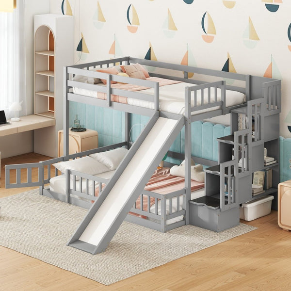 English Elm Twin Over Full Pine Bunk Bed with Fun Slide Storage Staircase and Safety Rails W504P210106