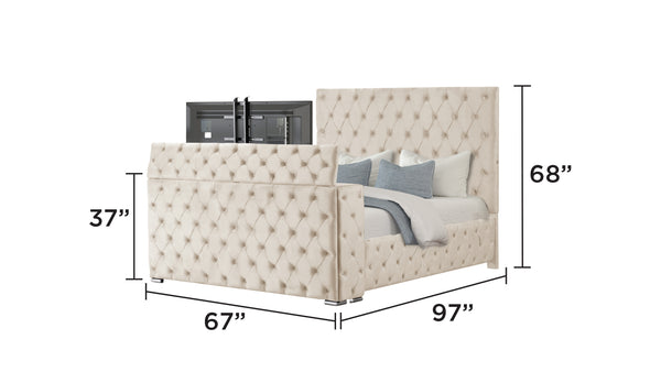 English Elm Encore Modern Tufted Queen Bed In Beige - Stylish Upholstered Design With Hidden Footboard Storage B009S01648