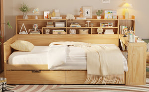 English Elm Wooden Twin Daybed with Trundle Built-in Desk and Open Shelves for Kids Rooms Natural N733S373385M
