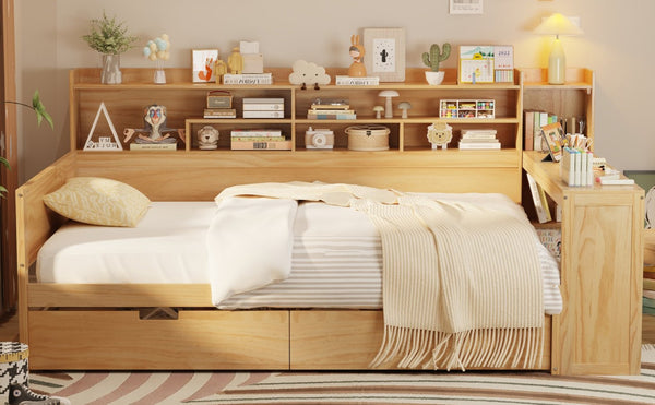 English Elm Wooden Twin Daybed with Trundle Built-in Desk and Open Shelves for Kids Rooms Natural N733S373385M