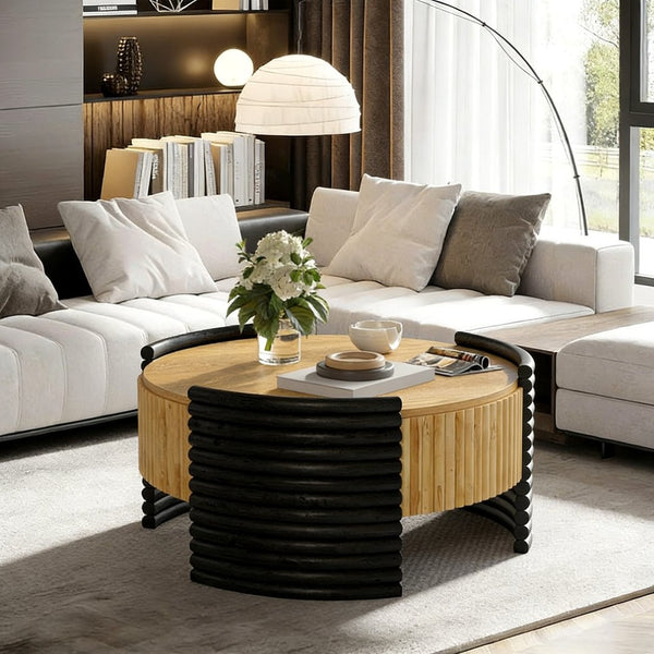 English Elm 31.50" Round Flip-top Storage Coffee Table Fluted Mdf Base for Modern Living Rooms Wood W757P383553