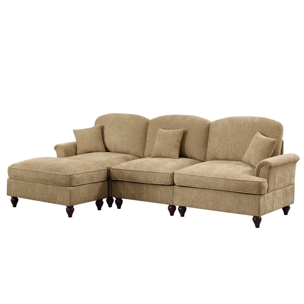 English Elm Mid Century three-seater modular L-shaped sectional sofa with removable ruffle skirts, chenille comfort and spindle legs — versatile, elegant seating solution Light Coffee W3041S00245