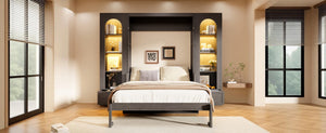 English Elm Queen Murphy Bed with Led Lighting Side Cabinets Shelving and Fold Down Desk Panel Gray N7090002226E-1