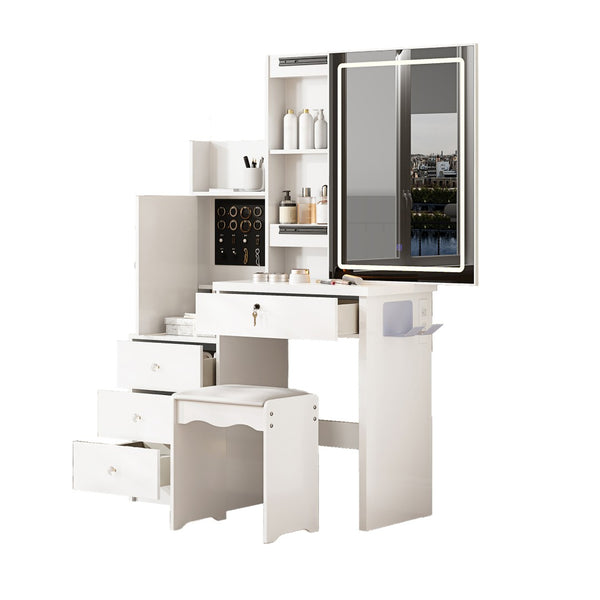 English Elm Vanity Desk with Lighted Sliding Mirror Hidden Storage and Cushioned Stool White Bedroom W2700P369513