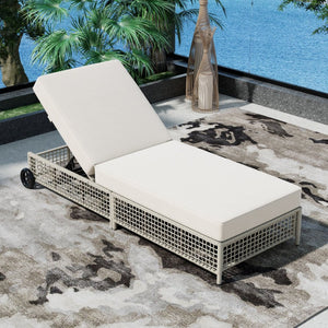 English Elm Trexm Outdoor Pe Rattan Chaise with Adjustable Backrest Cushion and Wheels for Poolside Beige,Creamy White N715P207900K