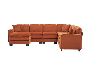 English Elm Modern U Shaped 6-Seat Sectional Sofa with Ottoman and 3 Toss Pillows, Corduroy Modular Comfort and Durable Frame Orange W2363S00043