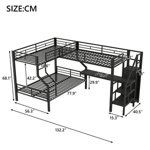 English Elm Twin Over Full L-shaped Bunk Bed with Wardrobe Desk and Usb Charging Ports N7500004100B