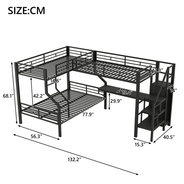English Elm Twin Over Full L-shaped Bunk Bed with Wardrobe Desk and Usb Charging Ports N7500004100B