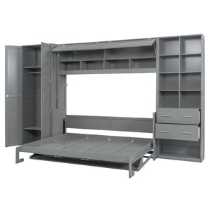 English Elm Queen Murphy Wall Bed Cabinet System with Wardrobe Drawers and Shelving in White Mdf LP000384AAE