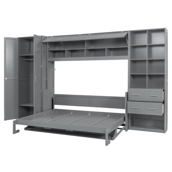 English Elm Queen Murphy Wall Bed Cabinet System with Wardrobe Drawers and Shelving in White Mdf LP000384AAE