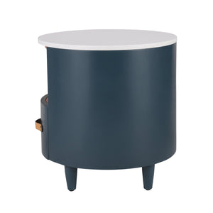 English Elm Christopher Knight Home® - Contemporary Round Nightstand with Drawer & Open Shelf, Curved Bedside Table with Leather Handles Blue 22 L x 22 W x 19.75 H N761P285708C