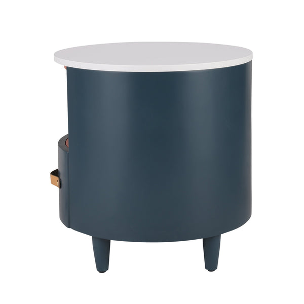 English Elm Christopher Knight Home® - Contemporary Round Nightstand with Drawer & Open Shelf, Curved Bedside Table with Leather Handles Blue 22 L x 22 W x 19.75 H N761P285708C