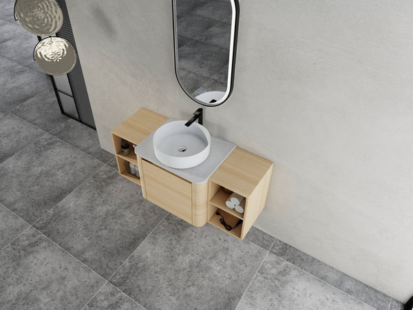 English Elm 48'' Wall-Mounted Bathroom Vanity With Elegant Ceramic Sink, Soft-Close Door & Open Storage Shelves W999S00469
