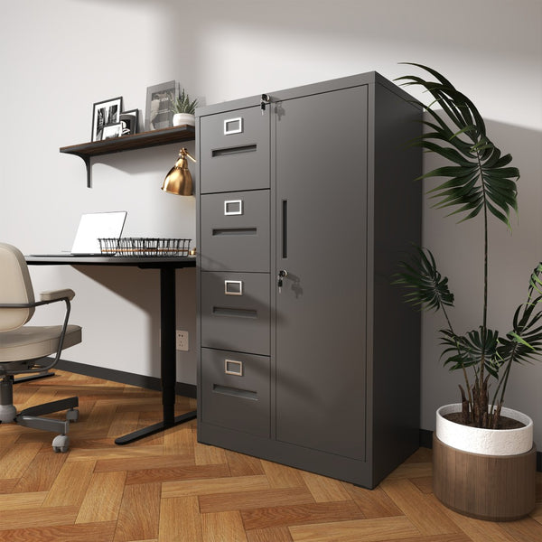 English Elm Metal Four Drawer Filing Cabinet with Lock Steel Storage for Home Office Bedroom Black W2735P457274