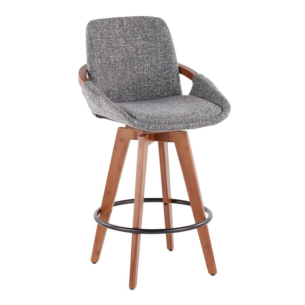 English Elm Cosmo Mid-Century Counter Stool Walnut Frame with Swivel Fabric Seat, Curved Armrests & Footrest Grey B202P221846