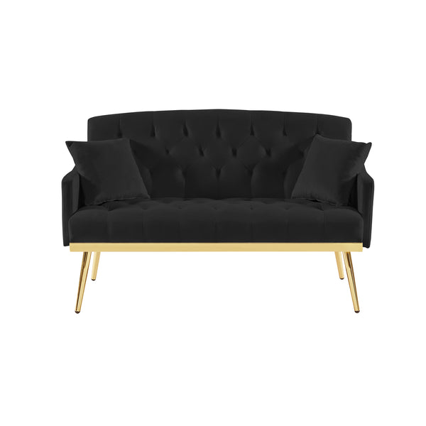 English Elm BLACK Velvet 2-Seater Sofa with Gold Metal Legs, Foam Cushioning, Solid Wood Frame, Compact Chic W588P300280
