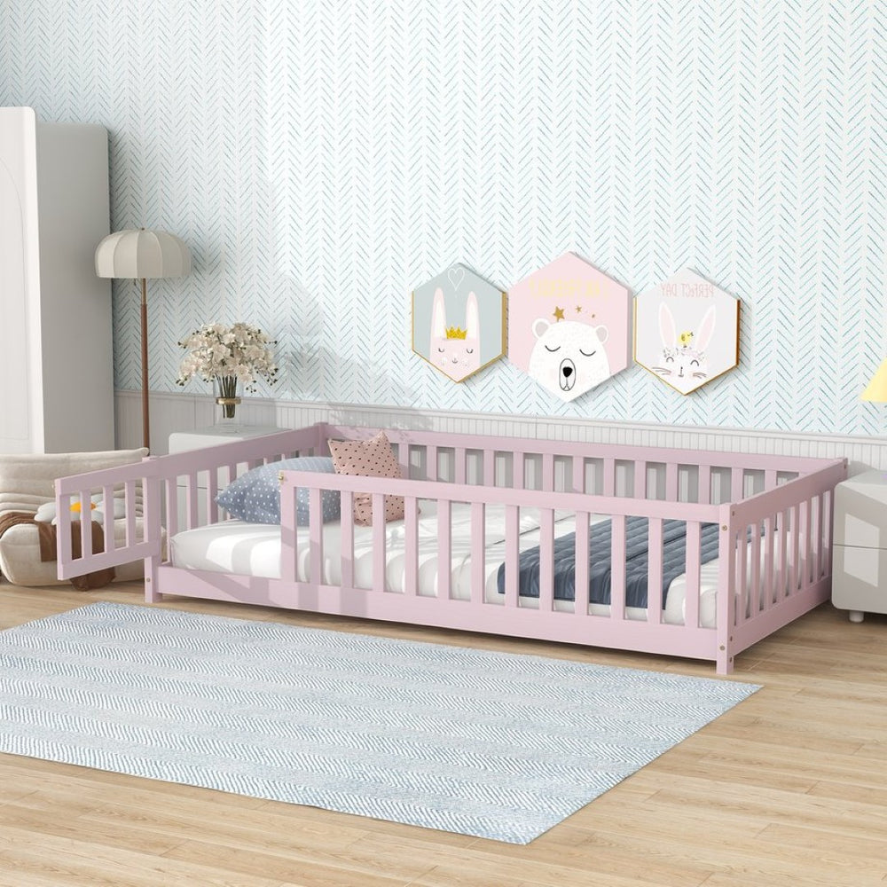 English Elm Twin Solid Rubberwood Floor Bed with Full Perimeter Safety Rails for Toddler Rooms Pink W504P296782