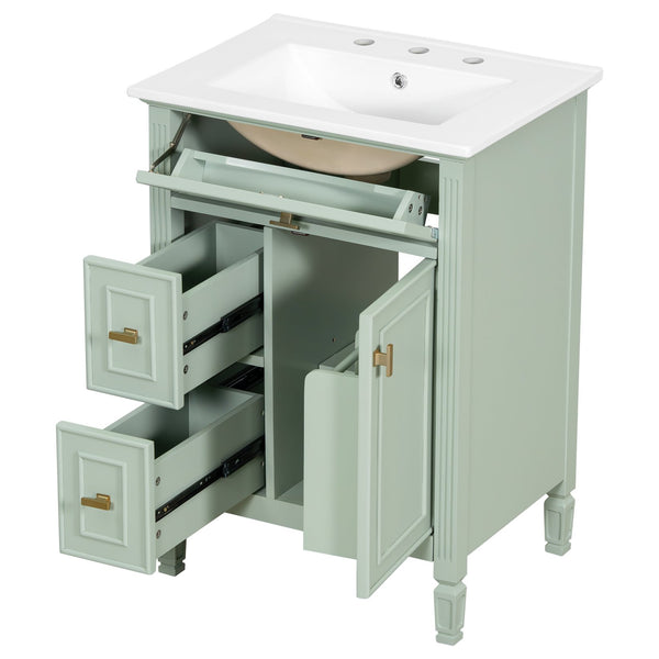 English Elm 24-Inch Bathroom Vanity with Sink, Solid Wood & MDF, Ceramic Top, Gold Handles, Flip Drawer Design Green N725P350824F