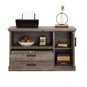 English Elm File Credenza Brown Finish with Adjustable Shelf, Durable Engineered Wood, Black Metal Accents, Spacious Storage B356P367839