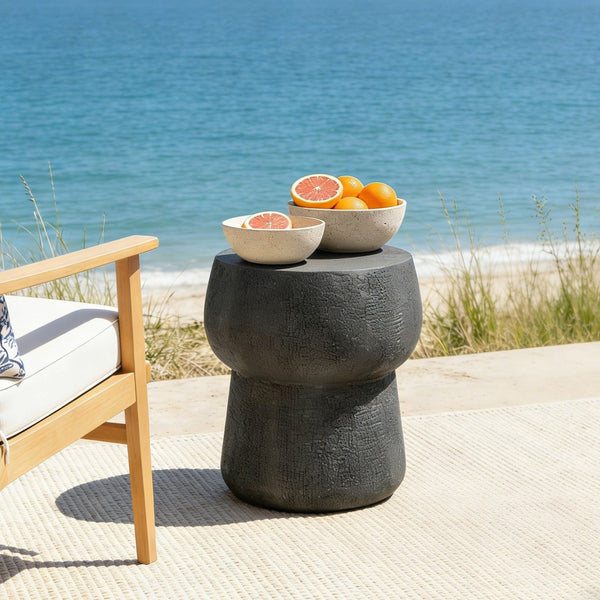 English Elm U_style Outdoor Concrete Accent Table Sculptural Double Barrel Mgo Weathered Patio Stool Black N711P422075B