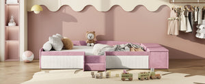 English Elm Full Size Kids Velvet Platform Daybed with Storage Ottoman Staircase Padded Rails Pink+White SF000202AAH