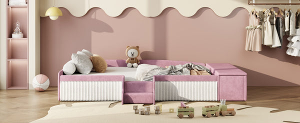 English Elm Full Size Kids Velvet Platform Daybed with Storage Ottoman Staircase Padded Rails Pink+White SF000202AAH