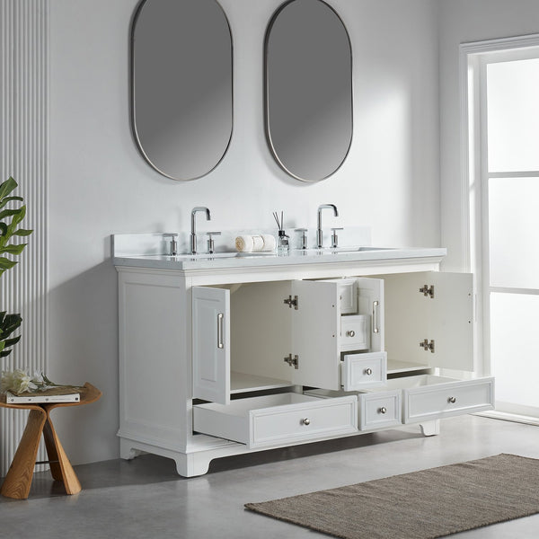 English Elm Fully 60'' Freestanding Double Bathroom Vanity with Solid Wood Base and Carrara Engineered Marble Top White W1826P382807