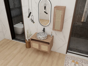 English Elm 30" Floating Bathroom Vanity Set with Ceramic Vessel Sink and Rattan Side Cabinet W999S00497