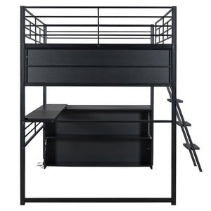 English Elm Full Metal Loft Bed with LED Desk & 4 Shelves, Black – Sturdy Full Frame, Color-Changing Lights, Compact GX000653AAB