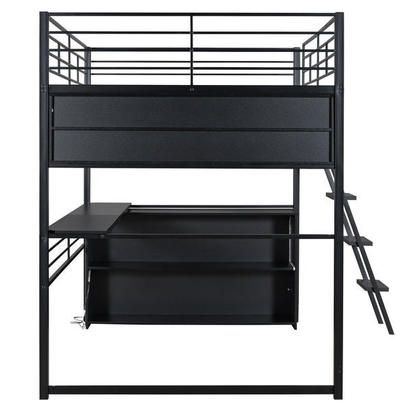 English Elm Full Metal Loft Bed with LED Desk & 4 Shelves, Black – Sturdy Full Frame, Color-Changing Lights, Compact GX000653AAB