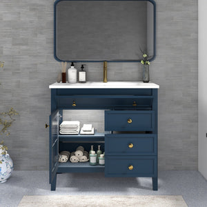 English Elm 35.6" Freestanding Bathroom Vanity with Roman Column Base and Ceramic Integrated Sink Blue W1801S00012