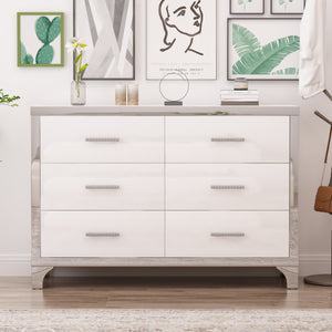 English Elm Elegant High Gloss Dresser with Metal Handles and Mirrored Panels, 6-Drawer Space-Saving Storage Solution White 55.71 L x 19.29 W x 10.63 H N733P205355K